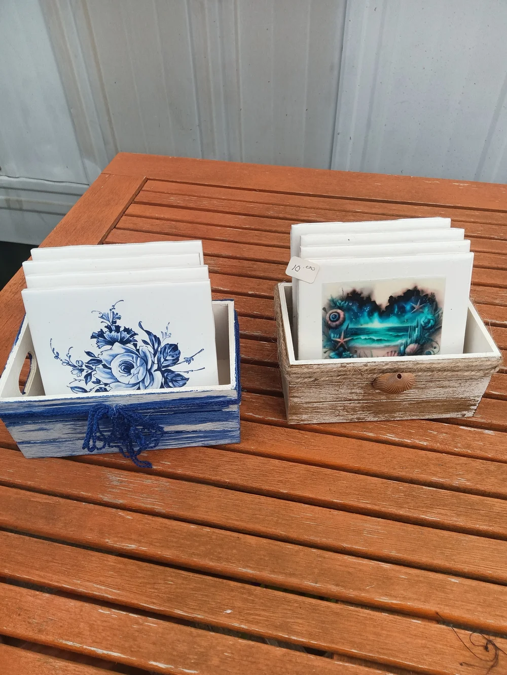 Hand-Painted Blue Floral Ceramic Coaster Set with Wooden Holder